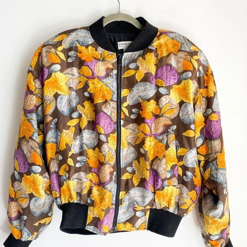 Vintage Carol Horn Silk Colourful Leaf Print  Bomber JAcket M